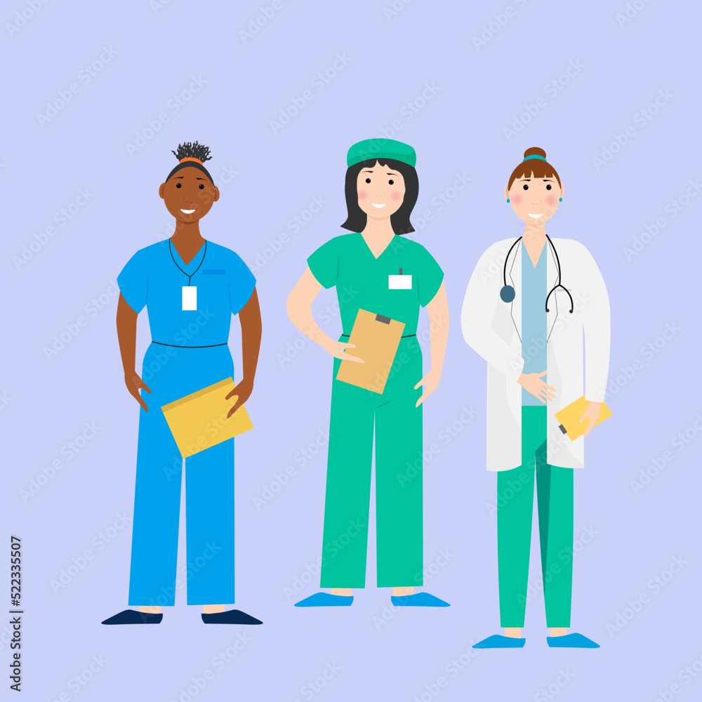 A group of medical workers. Doctors and nurses greet patients. Vector illustration. For use in brochures, advertising posters, prints and flyers, leaflets, books. A group of medical workers. Doctors and nurses greet patients. Vector illustration. For use in brochures, advertising posters, prints and flyers, leaflets, books.