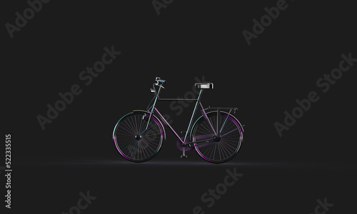 Purple metal bike on a black background. Minimal style. 3d render on the theme of bicycles, shops, outdoor activities, spare parts.