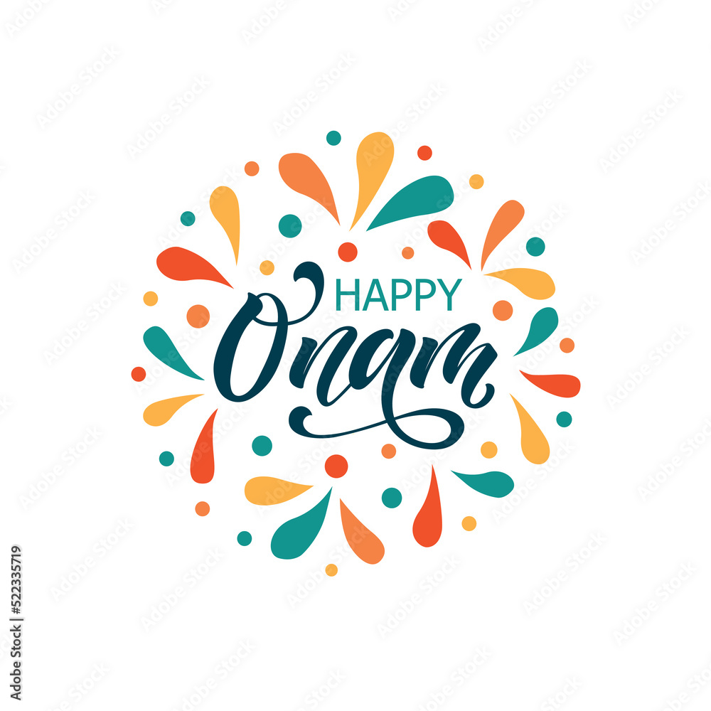 Happy Onam hand drawn lettering typography. Indian holiday. Modern brush ink calligraphy. Vector colorful illustration for greeting card, banner, poster, title, emblem, label, tag