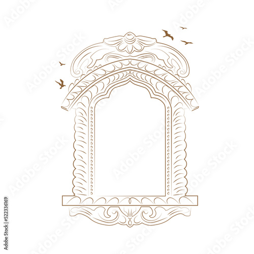 Jharokha vector illustration. Window architecture illustration. Jharokha with Birds illustration. Line art arch illustration. Flying Birds illustration. Rajasthani Jharokha vector.