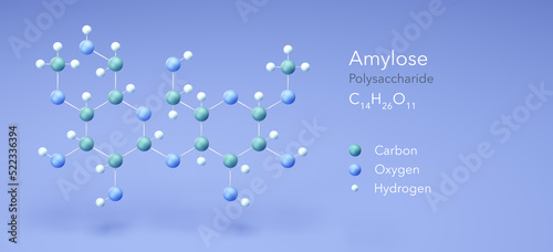 amylose, polysaccharide. molecular structures, 3d rendering, Structural Chemical Formula and Atoms with Color Coding
