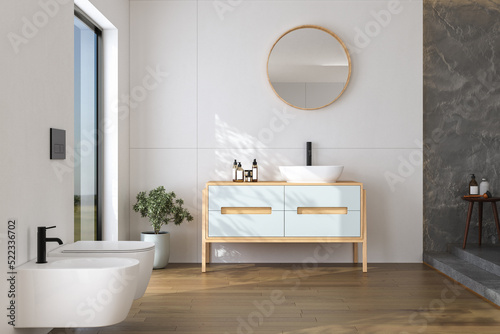Stylish bathroom interior with white and concrete walls  white basin with oval mirror  bathtub  plants and dark parquet floor. Minimalist cozy bathroom with modern furniture. 3D rendering 