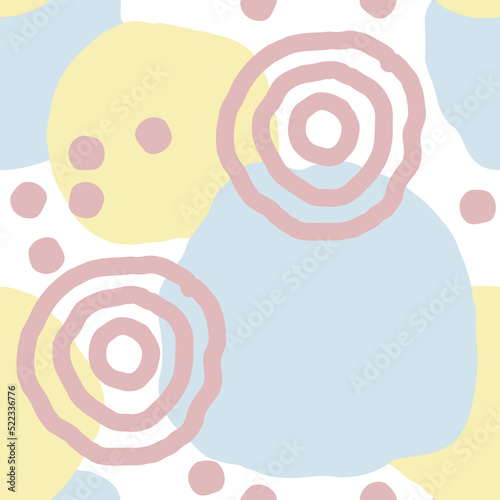 Seamless geometric vector pattern, circles and dots. Happy positive composition and colours for fabric design, textile print, wallpaper, scrapbook, wrapping paper. Childish, sporty, fashionable style.