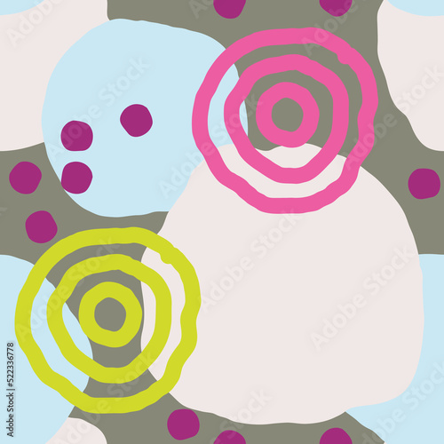 Seamless geometric vector pattern, circles and dots. Happy positive composition and colours for fabric design, textile print, wallpaper, scrapbook, wrapping paper. Childish, sporty, fashionable style.