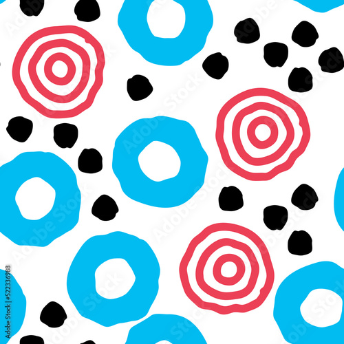 Seamless geometric vector pattern, circles and dots. Happy positive composition and colours for fabric design, textile print, wallpaper, scrapbook, wrapping paper. Childish, sporty, fashionable style.