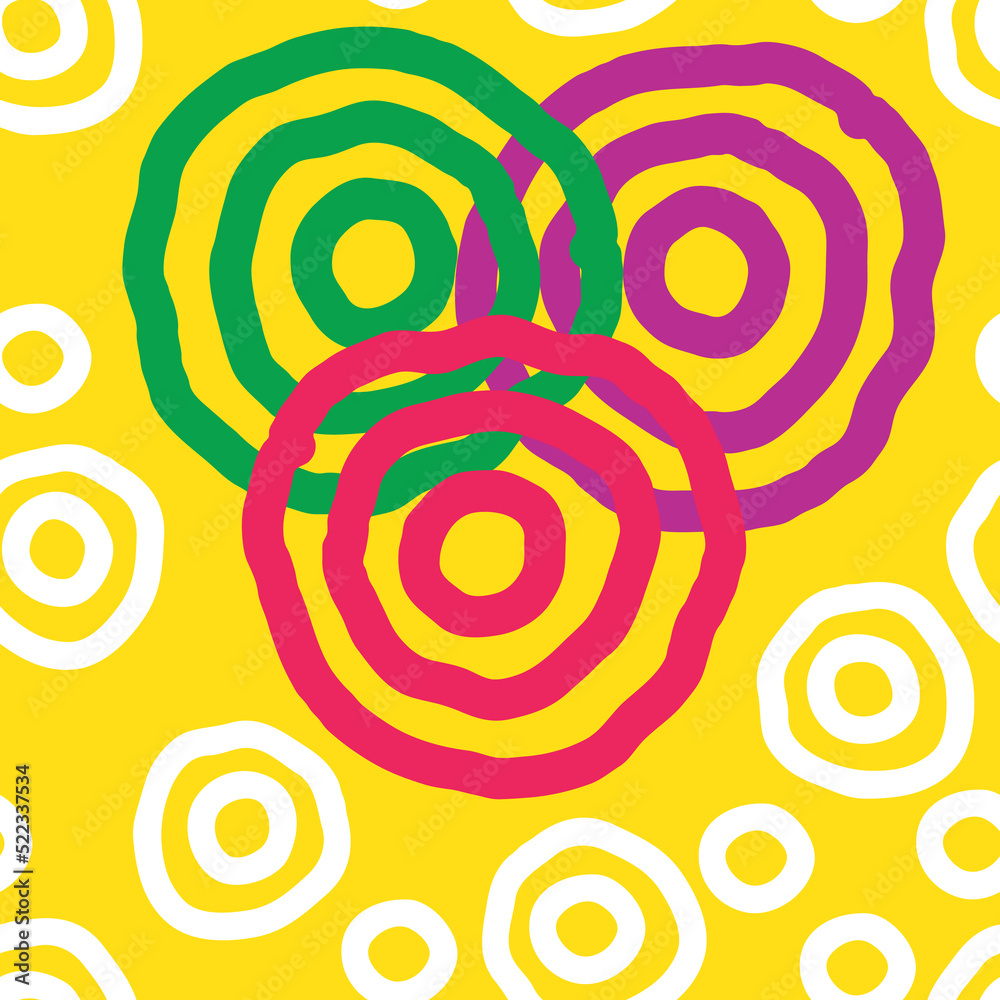 Seamless geometric vector pattern, circles and dots. Happy positive composition and colours for fabric design, textile print, wallpaper, scrapbook, wrapping paper. Childish, sporty, fashionable style.
