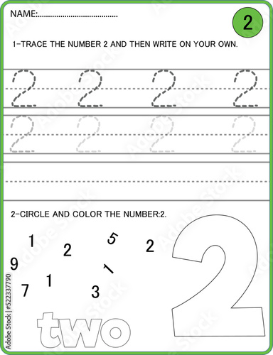 Tracing numbers activity. Trace the number 2 Educational children game, printable worksheet