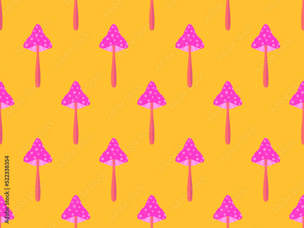Toadstool mushrooms seamless pattern. Pink mushrooms on yellow background. Not edible poisonous toadstool mushrooms. Design for posters, banners and promotional items. Vector illustration