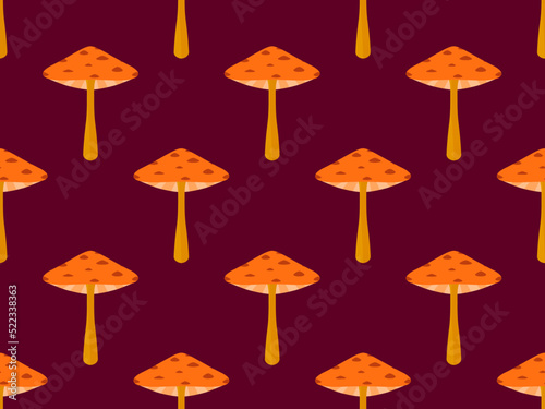 Mushrooms seamless pattern. Mushrooms with red caps on a black background. Toadstools, poisonous mushrooms and fly agarics. Design for posters, banners and promotional items. Vector illustration