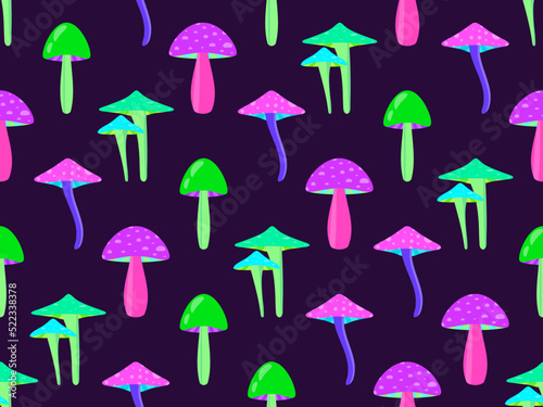 Psychedelic mushrooms seamless pattern. Acid trip, colorful mushrooms in the style of the 80s. Design for posters, banners and promotional products. Vector illustration