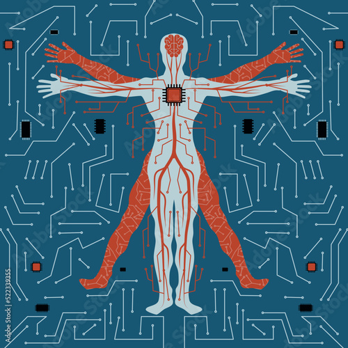 human anatomy with circuit line and brain conected to processor suitable for artficial intelligence illustration