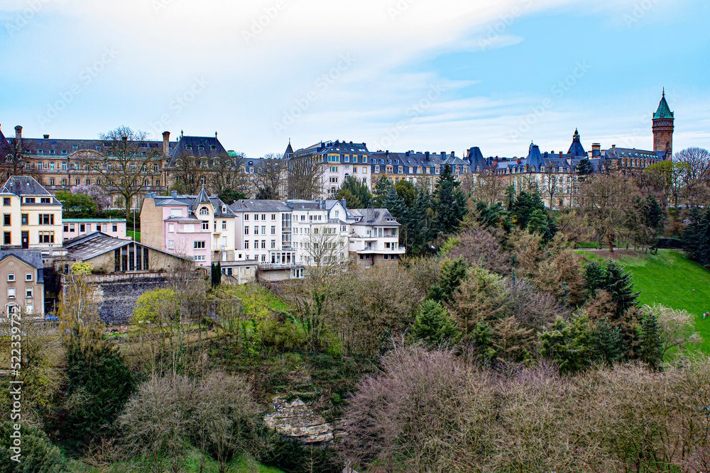 Looking Across Municipal Park towards Many Traditional Apartment Buildings in Luxembourg City, Luxembourg