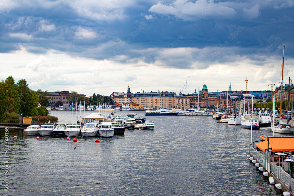 Beauitful View of the Many Ships and Buildings Lining the Waters in the Djurgården  District of Stockholm, Sweden