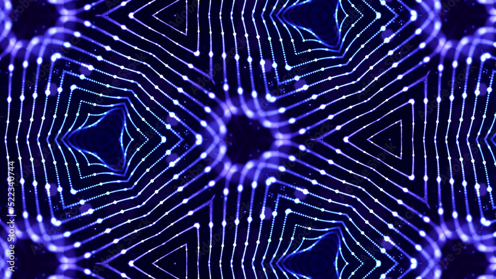 Blue motion design background with symmetrical floral pattern. Triangular structure. Abstract sci-fi bg with glow particles form curved lines, surfaces, hologram or virtual digital space. 3d render Blue motion design background with symmetrical floral pattern. Triangular structure. Abstract sci-fi bg with glow particles form curved lines, surfaces, hologram or virtual digital space. 3d render