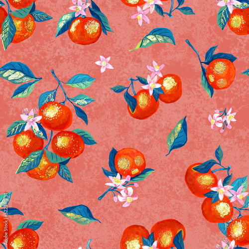Hand-drawn tangerines: branches, fruits, flowers and leaves on a peach background. Seamless pattern. Painting with paint. Stylized gouache drawing with gilding. Golden Tangerine photo