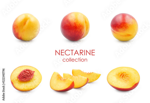 Collection of ripe nectarines - whole, halves with pit and juicy slices isolated on white background        