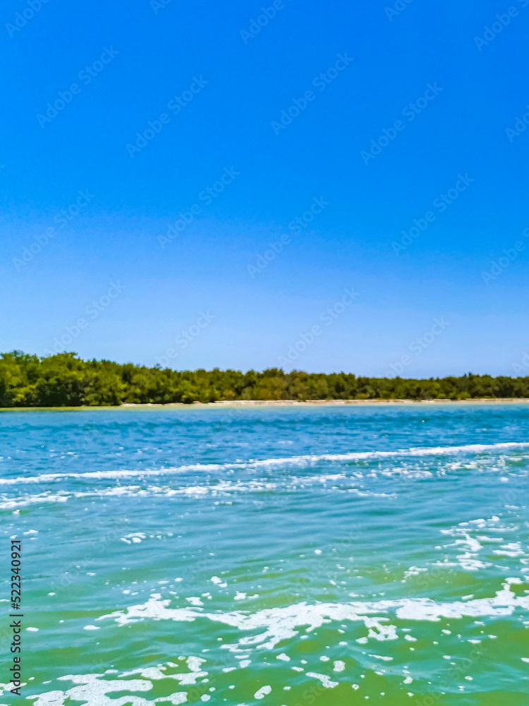 Panorama landscape view Holbox island nature beach turquoise water Mexico.