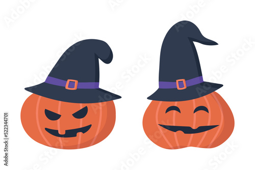 An illustration of a cute cartoon carved Halloween pumpkin lantern with happy smile and pointed witch hat