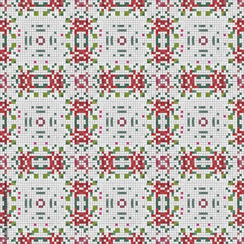 Seamless Christmas poinsettia cross stitch pattern. Decorative ornament in seasonal red for embroidered December holiday background. Winter botanical vintage scandi repeat tile. 