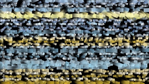 Abstract patterned illustration of blue and yellow streaks on a black background