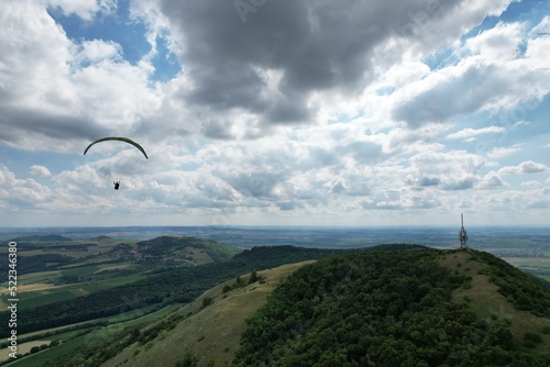 paragliding beauty of free flight, scenic panorama mountains,Palava,Pavlovske vrchy,Czech republic,Europe,scenic aerial panorama landscape view,paraglider wings	
 photo