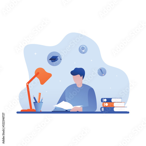 Male reading or student studying and preparing for examination. Book lover, readers, modern literature fans isolated on white background. Flat cartoon vector illustration.
