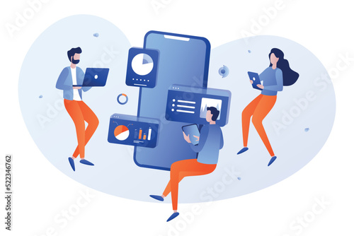 People fly and build a customer profile in a mobile application on the white backgroung. Data analysis and office situations. Isometric vector illustration. Landing page concept.