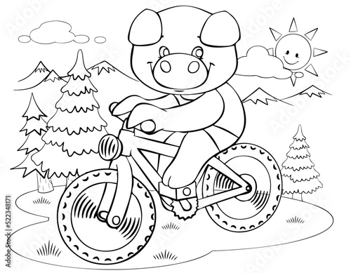 Cartoon pig cyclist for coloring page.