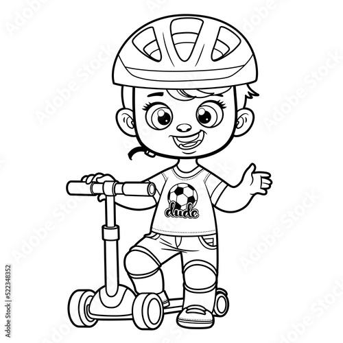 Cute cartoon boy in a helmet and with a scooter outlined for coloring page on white background