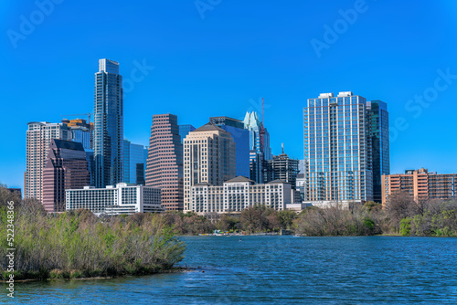 Austin  Texas cityscape and view of Colorado River at the front