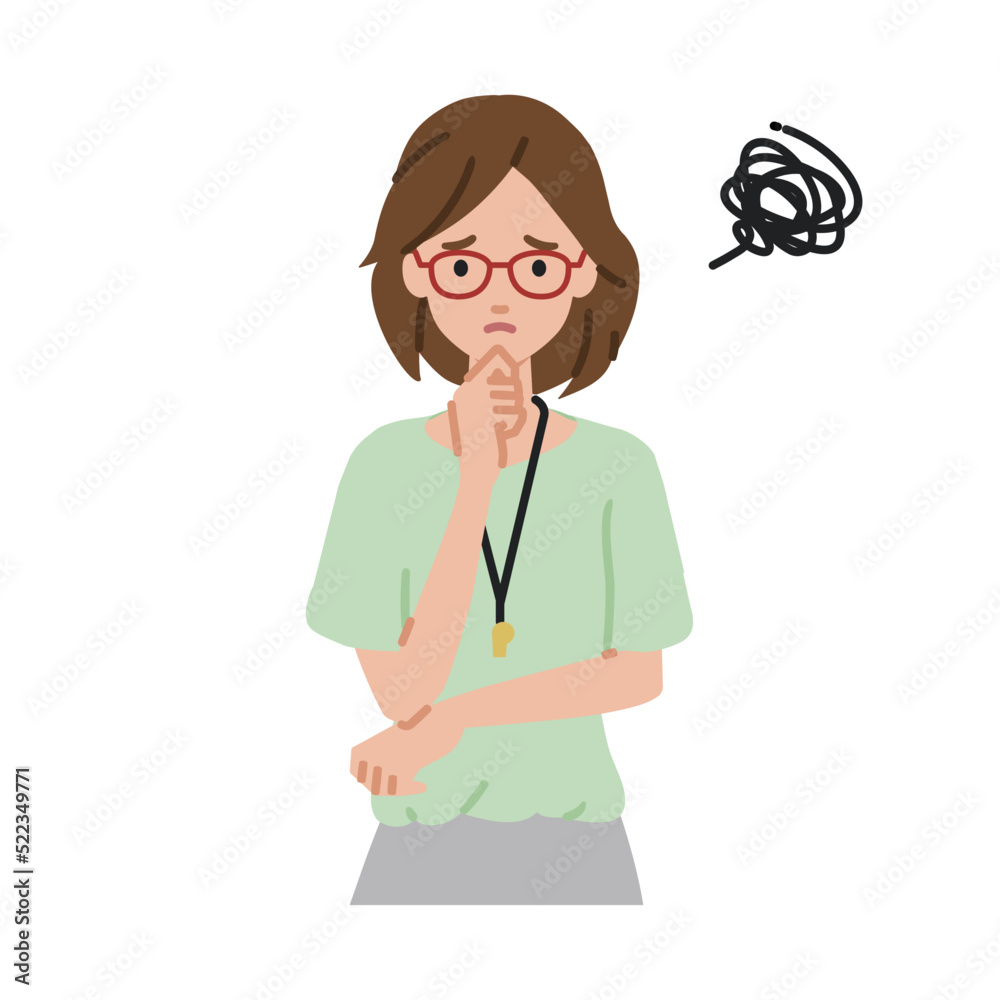 立って手をあごにあてて困っている教師の女性 立って手をあごにあてて困っている教師の女性
