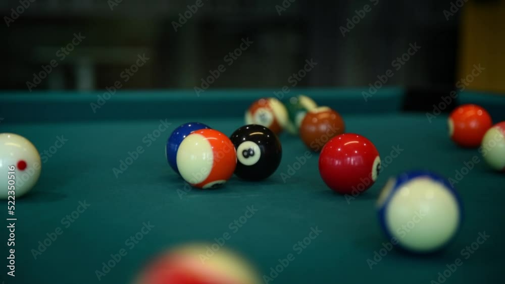 Smash the billiard pyramid of collared balls. Snooker player kicks the ball in pool billiard table with good and bad shots. Competition concept of different sports leisure activities games. Smash the billiard pyramid of collared balls. Snooker player kicks the ball in pool billiard table with good and bad shots. Competition concept of different sports leisure activities games.