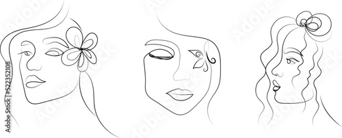 Elegant women's faces in one line art style . Continuous line art in minimalistic style for prints, tattoos, posters, textile, cards etc. 