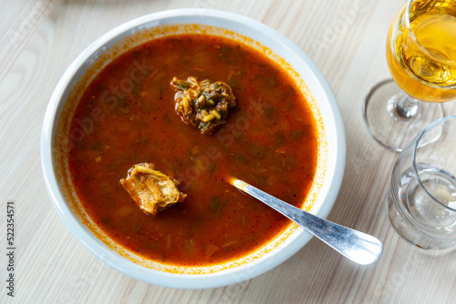 Kharcho soup with beef and rice, popular georgian dish