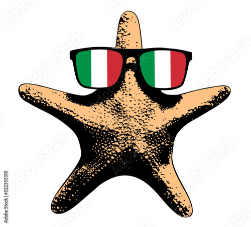 A large and funny starfish lies on a white background in sunglasses with the flag of Italy. The concept of summer holidays and celebrity holidays in the Tyrrhenian, Adriatic and Ionian seas.