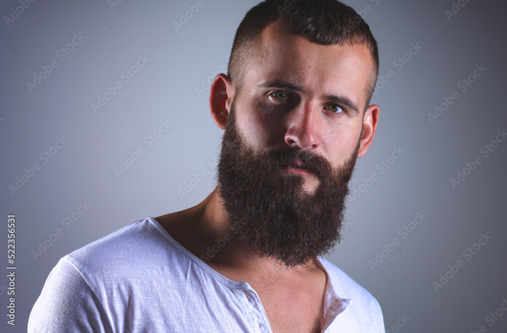 Portrait of handsome bearded man isolated on grey background Portrait of handsome bearded man isolated on grey background