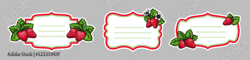 Strawberry retro labels with realistic handdrawn berries flowers leaves. Farmers market badges for organic fruit product package canned jam jar, marmalade box, farmers market, juice fresh tag sticker
