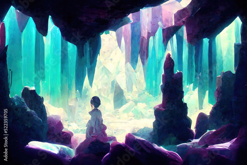 Beautiful mystical magical crystal cavern cave, shining colors