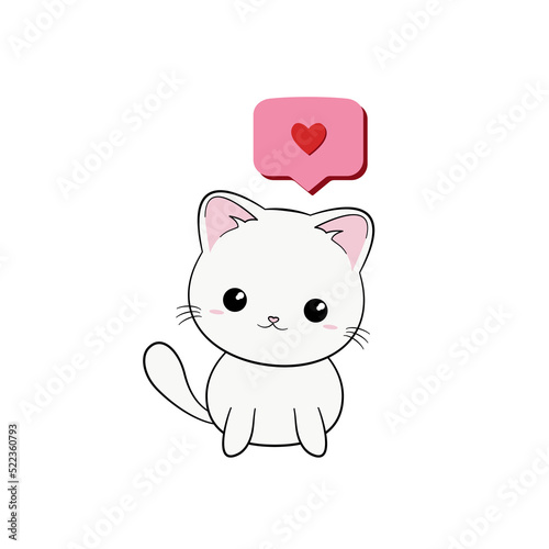 Słodki biały kotek i serduszko. Zakochany kot. Kartka lub plakat na walentynki lub dzień matki.