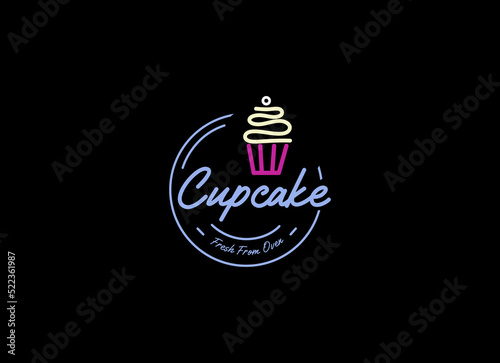 Cupcake Shop Logo. Round linear logo of cake store on black background. 