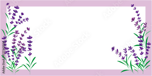 Lavender flower decoration frame. purple lavender decoration background for wedding, greeting and seasonal banner design. Vector template.