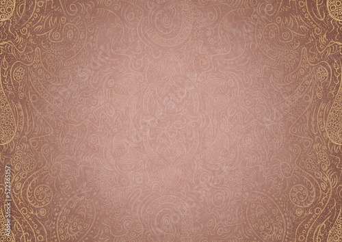 Hand-drawn abstract ornament. Light semi transparent pale pink on a pale pink back, with vignette of same pattern and sparks in golden glitter on a darker color. Paper texture. A4. (pattern: p01a)