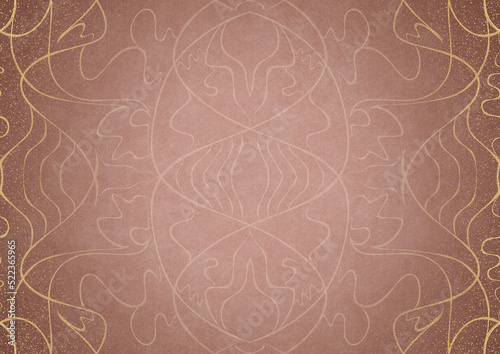 Hand-drawn abstract ornament. Light semi transparent pale pink on a pale pink back  with vignette of same pattern and sparks in golden glitter on a darker color. Paper texture. A4.  pattern  p02-1a 