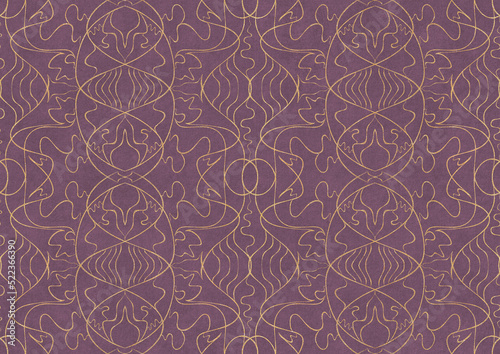 Hand-drawn unique abstract symmetrical seamless gold ornament on a purple background. Paper texture. Digital artwork, A4. (pattern: p02-1b)