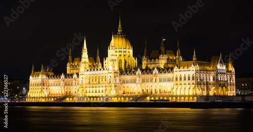 Parlament in Budapest is hungarian landmark in night light outdoors.