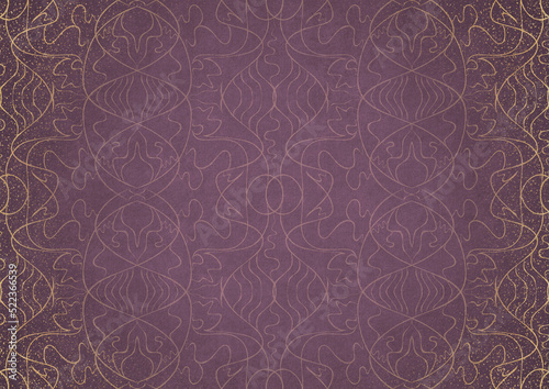 Hand-drawn abstract ornament. Light semi transparent pink on a purple back, with vignette of same pattern and sparks in golden glitter on a darker color. Paper texture. A4. (pattern: p02-1b)