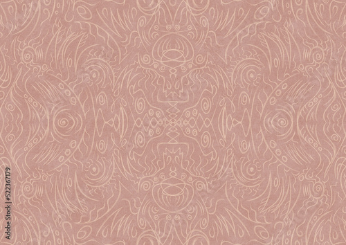 Hand-drawn abstract seamless ornament. Light semi transparent pale pink on a pale pink background. Paper texture. Digital artwork, A4. (pattern: p03a)