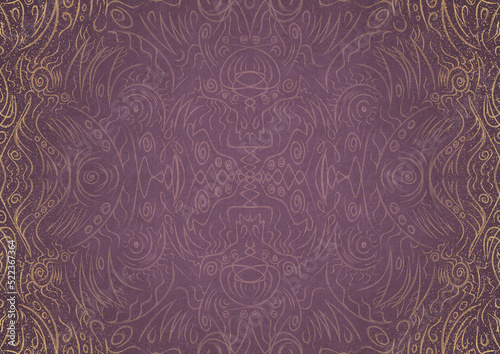 Hand-drawn abstract ornament. Light semi transparent pink on a purple back, with vignette of same pattern and sparks in golden glitter on a darker color. Paper texture. A4. (pattern: p03a)