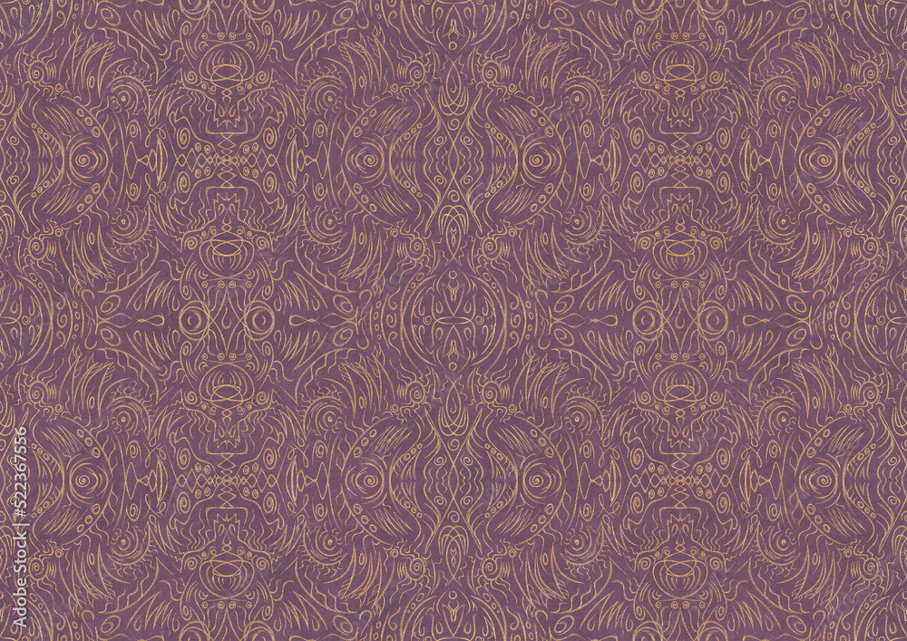 Hand-drawn unique abstract symmetrical seamless gold ornament on a purple background. Paper texture. Digital artwork, A4. (pattern: p03b) Hand-drawn unique abstract symmetrical seamless gold ornament on a purple background. Paper texture. Digital artwork, A4. (pattern: p03b)