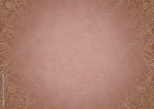 Pale pink textured paper with vignette of golden hand-drawn pattern on a darker background color. Copy space. Digital artwork, A4. (pattern: p04a)
